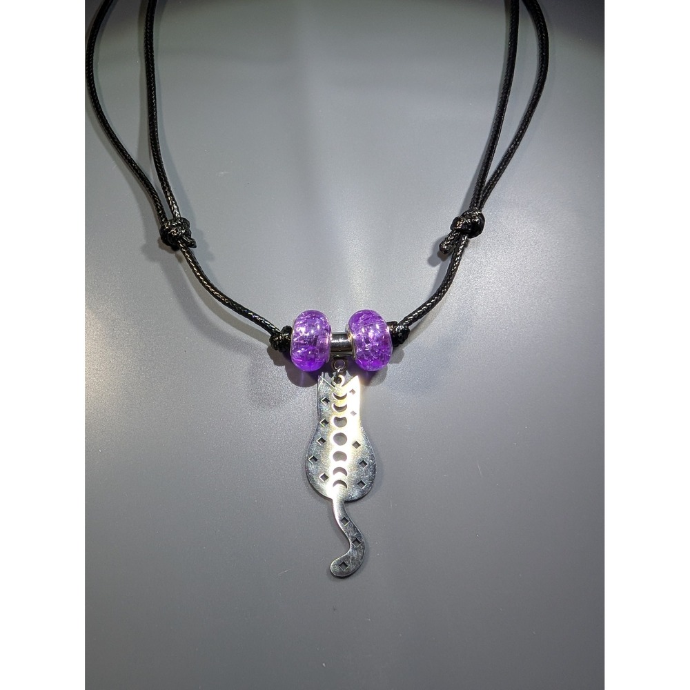 Celestial Cat Moon Phase Necklace Purple Crackle Beads Adjustable Black Cord